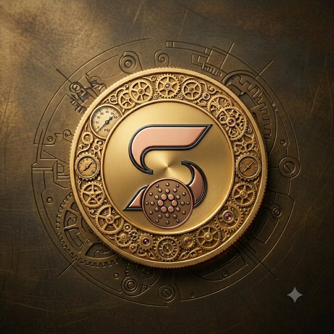 A golden mechanical gear medallion prominently displays a stylized rose-gold "S" symbol at its center, surrounded by intricate clockwork cogs, gauges, and pressure meter dials on a brushed bronze background. The ornate, machine-like design visually reinforces the post's reference to $SURF, symbolizing the cyclical, mechanical nature of traders selling and rebuying at higher prices, while the pressure gauges hint at the bullish "1.3 $ADA incoming" sentiment.