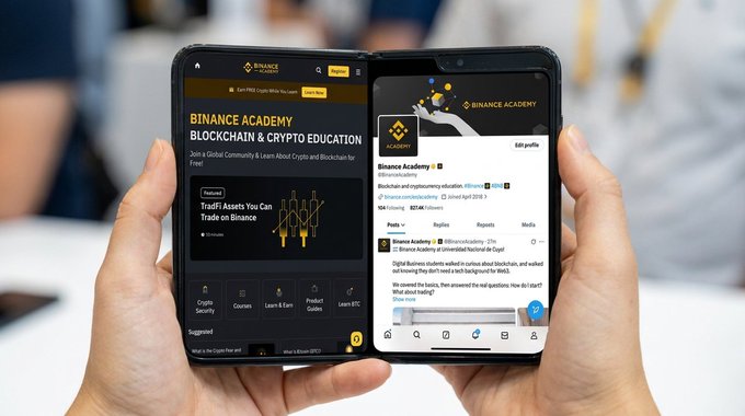 Two smartphones held side by side display the Binance platform, with the left screen showing "Binance Academy - Blockchain & Crypto Education" featuring an article titled "TradFi Assets You Can Trade on Binance," while the right screen shows the official Binance Academy X profile with 623.4K followers, perfectly illustrating the concept of doubling your learning resources through multiple screens.