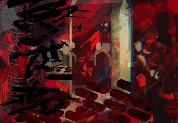 An abstract digital painting dominated by deep reds and blacks features chaotic brushstrokes, ghostly figures, and fragmented architectural shapes.