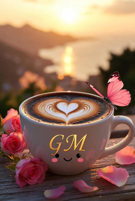 The image features a cup of coffee with a heart-shaped design, surrounded by pink roses. The sun is setting behind the mountains, creating a beautiful backdrop for the scene. A butterfly is perched on top of the coffee cup, adding a touch of nature's beauty to the composition. The post seems to be promoting a positive and uplifting message about the importance of family and the potential for growth in our ecosystem.