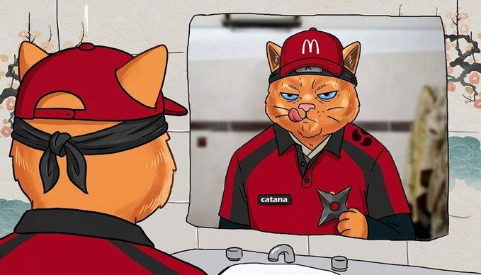 An orange cat dressed in a McDonald's-style uniform with "catana" on the name tag and a sheriff's badge stares grumpily at its reflection while licking its lips, holding what appears to be a pizza box. The image humorously aligns with the caption's theme of "cooking something bigger than it looks," portraying the Catana meme character in a fast-food setting with a mischievous, scheming expression.