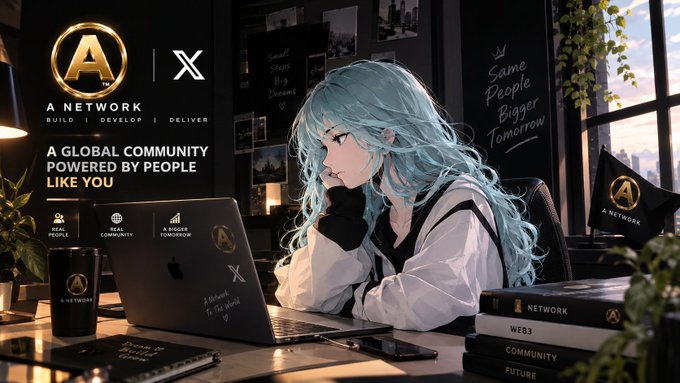 An anime-style illustration of a blue-haired girl working on an Apple laptop in a dark room with "A NETWORK" and "A GLOBAL COMMUNITY POWERED BY PEOPLE LIKE YOU" branding, along with books labeled "WEB3" and "FUTURE".