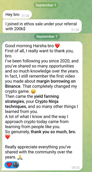 A screenshot of a WhatsApp conversation dated September 1-7, where a community member named Harsha thanks another user (their "bro") using a referral link to invest $200K in the Ethos sale, expressing deep gratitude for years of crypto education on margin borrowing, yield farming, and "Crypto Ninja techniques." The heartfelt message, filled with heart and prayer emojis, reinforces the accompanying post's theme about the rewarding impact of sharing crypto knowledge with the community.