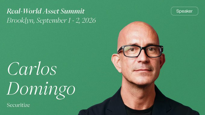 A promotional graphic for the 'Real-World Asset Summit' in Brooklyn, September 1-2, 2026, featuring speaker Carlos Domingo from Securitize.