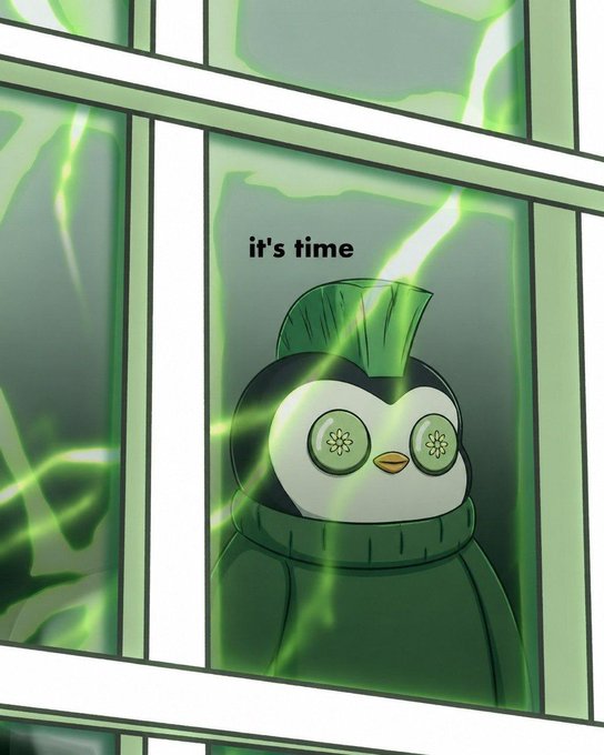 A cartoon penguin character wearing cucumber slices on its eyes peers through a glass window illuminated by green lightning, with the text "it's time" displayed above its head—reinforcing the post's "Gm it's time" message.