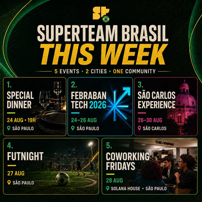 A 'Superteam Brasil This Week' event poster listing 5 events across São Paulo and São Carlos, including Special Dinner, Febraban Tech 2026, São Carlos Experience, FutNight, and Coworking Fridays.