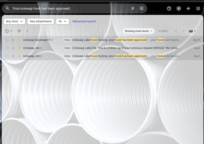 An email inbox search showing messages from 'Uniswap Developer P. 3', 'Uniswap, me 3', and 'Uniswap, me 4' with the subject containing 'hook routing: your hook has been approved'.