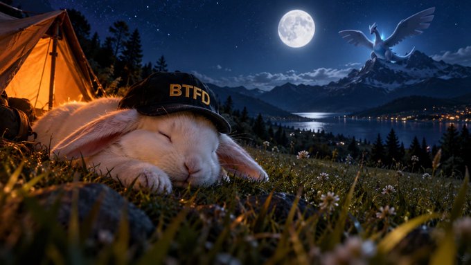 A whimsical nighttime illustration showing a sleeping white rabbit wearing a 'BTFD' cap in a grassy field, with a glowing tent, a full moon, and a winged creature flying over distant mountains.