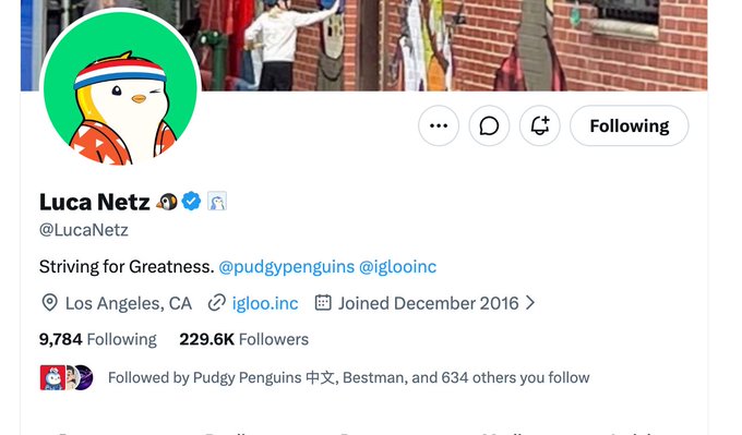 A Twitter profile for 'Luca Netz' (@LucaNetz) with the bio 'Striving for Greatness. @pudgypenguins @iglooinc', based in Los Angeles, CA.