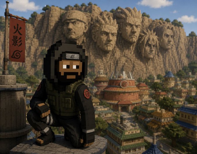 A pixelated Minecraft-style character dressed as a ninja from Hidden Leaf Village sits on a rooftop with a red banner reading '火影' (Naruto), with the Hokage Rock and Konoha village visible in the background.