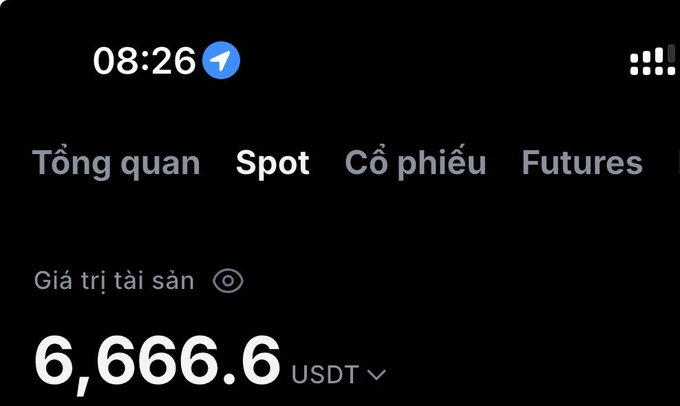A screenshot of a cryptocurrency trading app displaying a total asset value of 6,666.6 USDT with tabs for Tổng quan, Spot, Cổ phiếu, and Futures.