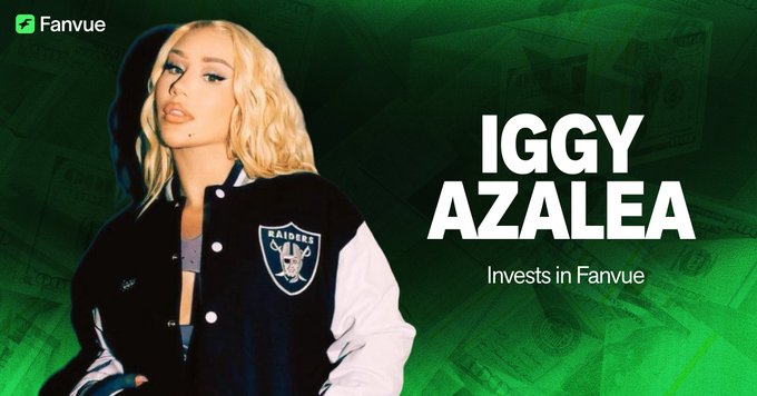 The image shows promotional material featuring rapper Iggy Azalea, who is depicted in a Raiders jacket alongside the Fanvue logo, with text announcing "IGGY AZALEA Invests in Fanvue." This aligns with the accompanying post about backing SHIFT and supporting greater creator ownership in their industries, as the investment reflects Azalea's commitment to empowering creators through platforms like Fanvue.