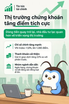 A Vietnamese financial infographic titled 'Thị trường chứng khoán tăng điểm tích cực' (Stock market rises positively) featuring a penguin character and noting VN-Index at 1,280 points (+0.8%) with foreign investors returning to the market.