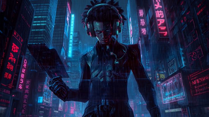 A cyberpunk figure with headphones stands in a neon-lit, rain-soaked cityscape filled with Japanese signage and glowing billboards, evoking the moody, futuristic atmosphere perfect for a synthwave or lofi nighttime playlist. The image visually echoes the post's "Nighttime Playlist" theme, blending retro-futuristic aesthetics with the quiet intensity of late-night music sessions.