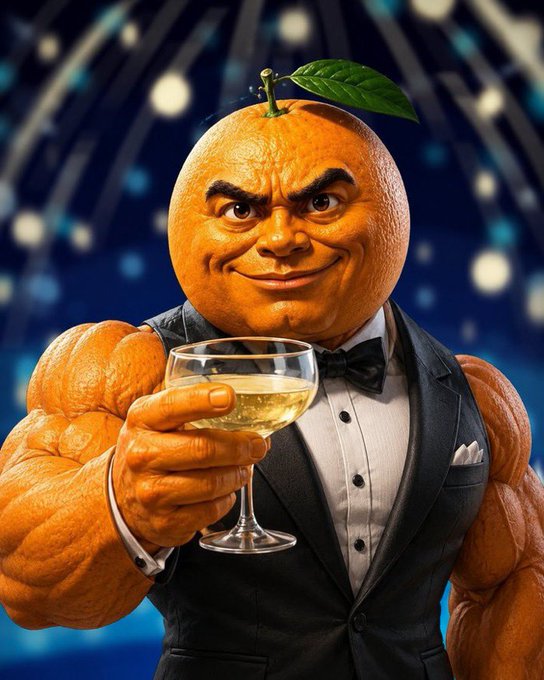 A muscular anthropomorphic orange character wearing a black tuxedo and bow tie holds up a glass of white wine in a toast, set against a blue stage backdrop with sparkling lights.