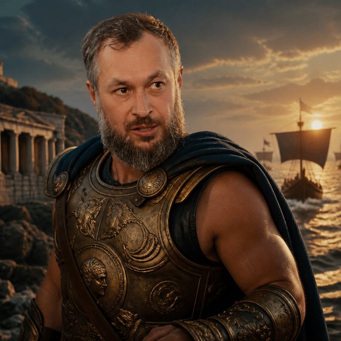 A bearded man in golden ancient armor stands before a sunset seascape with ships and classical ruins.