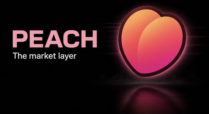 A sleek logo featuring the word "PEACH" in bold pink text alongside a glowing peach-shaped graphic with "The market layer" tagline below, promoting the Peach platform featured in the post about its creator revenue model on the Arc ecosystem.