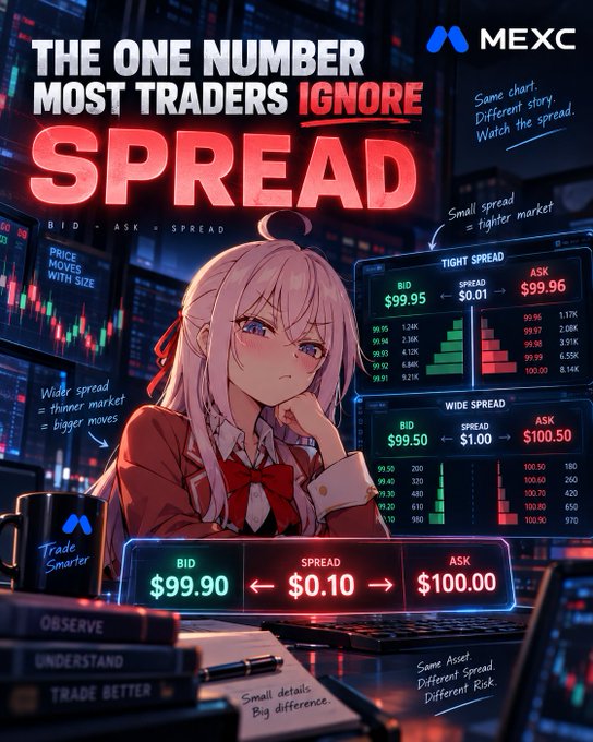 The image is a MEXC promotional graphic titled "THE ONE NUMBER MOST TRADERS IGNORE: SPREAD," featuring an anime-style character surrounded by trading screens illustrating tight spreads (Bid $99.95, Spread $0.01, Ask $99.96) versus wide spreads (Bid $99.50, Spread $1.00, Ask $100.50), directly visualizing the post's message that the spread reveals market liquidity and conditions.