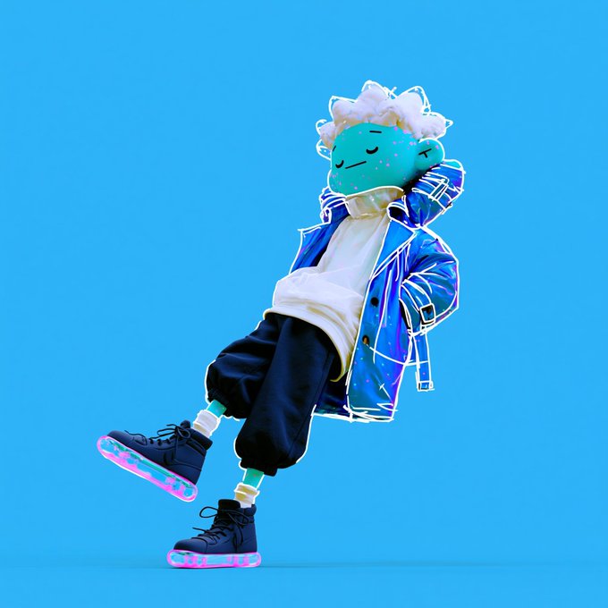 A chibi-style character with teal skin and white hair wearing a blue and white jacket, black pants, and chunky sneakers with glowing pink/blue soles, posed against a bright blue background.