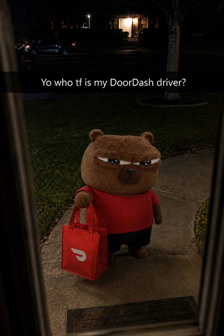 A grumpy-looking brown teddy bear wearing a red shirt stands at a front door holding a red DoorDash insulated delivery bag. The overlaid text reads, "Yo who tf is my DoorDash driver?"