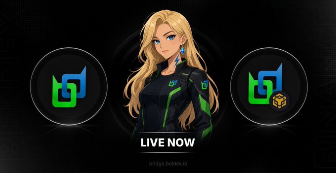 Promotional graphic featuring an anime-style blonde character with text 'LIVE NOW' and 'bridge.beldex.io', alongside crypto-style logos.