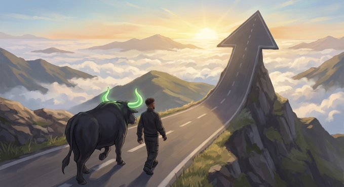 A man and a glowing-horned bull walk along a mountain road shaped like an upward arrow toward a sunrise, symbolizing a bullish market morning. The arrow's steep ascent visually reinforces the optimistic "Good morning bulls" sentiment, evoking rising market momentum.