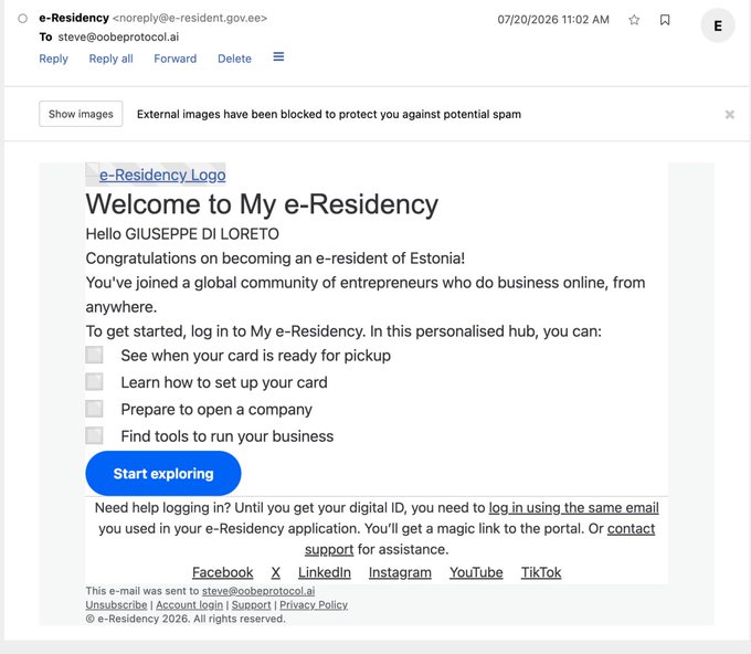 An email screenshot from e-Residency addressed to steve@oobeprotocol.ai welcoming 'GIUSEPPI DI LORETO' as an e-resident of Estonia, with options to track card pickup, set up the card, open a company, or find business tools.