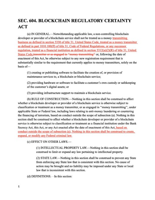 The image displays a page from legislative text titled "SEC. 604. BLOCKCHAIN REGULATORY CERTAINTY ACT," with key provisions highlighted in red, including references to "money transmitting," definitions under section 5330 of title 31 of the U.S. Code, treatment as a "money transmitter" under section 5312(a)(2)(R), and rules of construction affecting non-controlling blockchain developers or providers, while the accompanying post notes that Senate Republicans rejected Democrats' revised CLARITY Act counteroffer which proposed expanded ethics restrictions, crypto-company stake sales, tighter enforcement rules, promoter disclosures, and added DeFi safeguards.