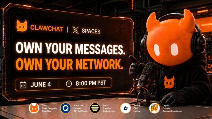 In this image, there are two orange monster-like characters with horns sitting next to a sign that says " clawschat x spaces" with a text box saying " own your messages. own your network." It appears as though these monster characters are engaged in a virtual recording of an event or discussion related to Bitcoin and its social aspects, potentially for the platform " clawschat".