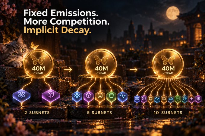 A promotional graphic titled 'Fixed Emissions. More Competition. Implicit Decay.' shows three glowing coins labeled '40M / YEAR' connected to 2, 5, and 10 subnets respectively, with a cat watching from the left side.