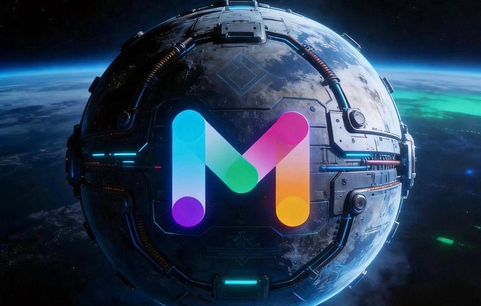 A stylized space-themed graphic featuring a colorful 'M' logo on a metallic spherical satellite floating above Earth.