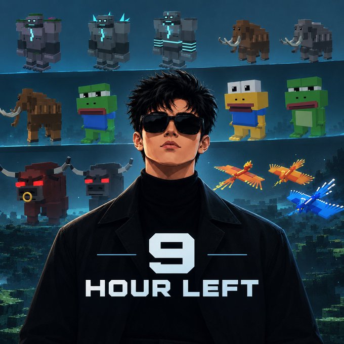 A digital promotional image with text "9 HOUR LEFT" featuring a stylized young man wearing sunglasses, surrounded by Minecraft-style block creatures including turtles, elephants, and turtles.