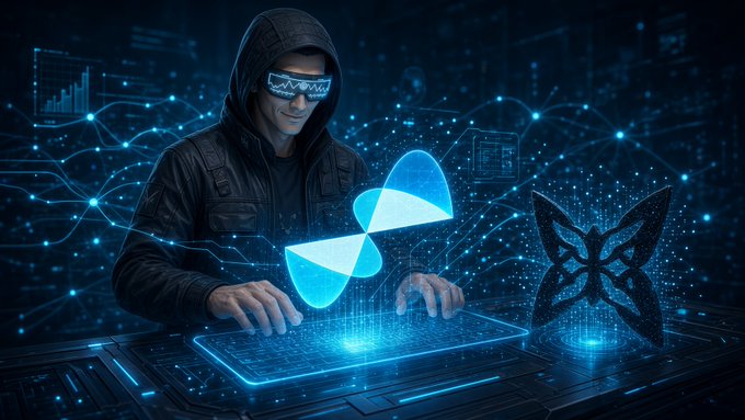 A digital artwork of a hooded figure wearing futuristic glasses typing on a glowing keyboard, with a blue butterfly-shaped logo and a butterfly emblem hovering nearby against a circuit-themed background.