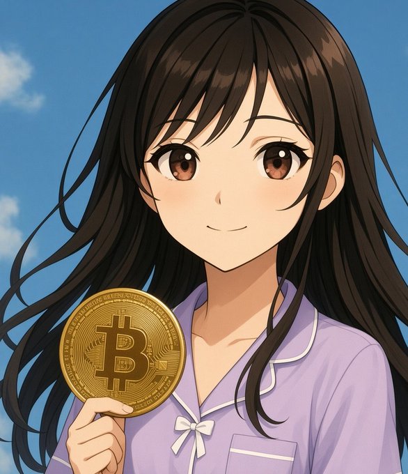 An anime-style illustration of a smiling young woman with long dark hair wearing light purple pajamas, holding up a gold Bitcoin coin against a blue sky background.