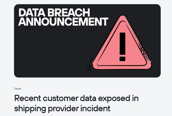 A bold "DATA BREACH ANNOUNCEMENT" graphic featuring a pink warning triangle with an exclamation mark appears above a headline reading "Recent customer data exposed in shipping provider incident," visually reinforcing the post's warning that nearly 14,000 Trezor customers across 7 countries may have had their personal data compromised through a third-party shipping provider.