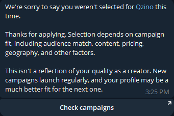 Rejection notification from Qzino campaign stating the applicant was not selected for the campaign this time.
