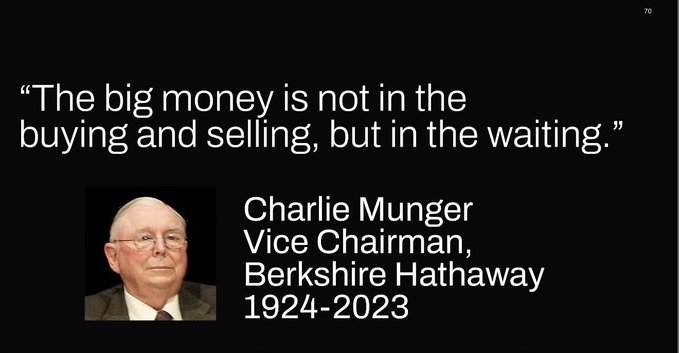 The image shows slide 70 featuring a quote attributed to Charlie Munger (1924-2023), Vice Chairman of Berkshire Hathaway: *"The big money is not in the buying and selling, but in the waiting,"* alongside his portrait photo. This aligns with the post's emphasis on patience as a key investment principle, applied in the context of $BMNR, $BMNP, and $ETH holdings.