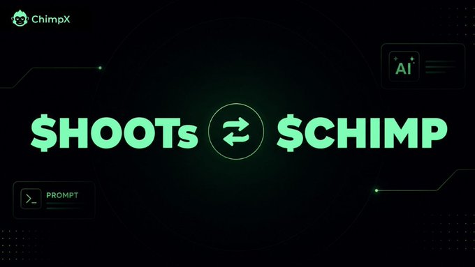The image features a dark promotional graphic with green text reading "$HOOTs ⇄ $CHIMP" in the center, flanked by a ChimpX logo, an "AI" badge, and a "PROMPT" tag, visually representing the token conversion. It directly illustrates the post's announcement of the official 10 HOOTs to 1 $CHIMP conversion ratio.