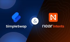 The image features two logos side-by-side against a dark blue background with orange lines. The logo for Near Intentions is positioned above the other logo, which displays the word "SimpleSwap" written in white letters. Both logos are set against a black and orange gradient backdrop, creating an eye-catching contrast.