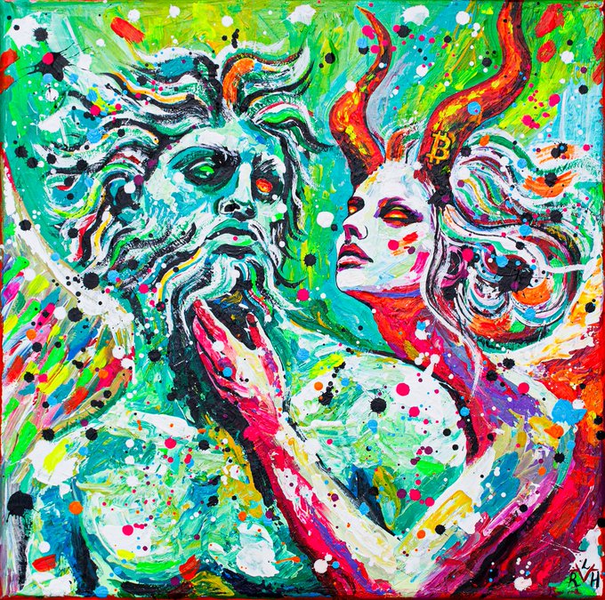 A vibrant, abstract expressionist painting featuring two figures with wild, colorful hair—one resembling a bearded man and the other a woman—set against a chaotic background of paint splatters in green, red, blue, and white, with a signature 'SHA' visible in the bottom right corner.