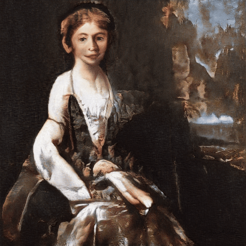 An oil painting portrait of a young girl in a brown and white dress, holding a dead bird in her lap, set against a dark, dramatic landscape.