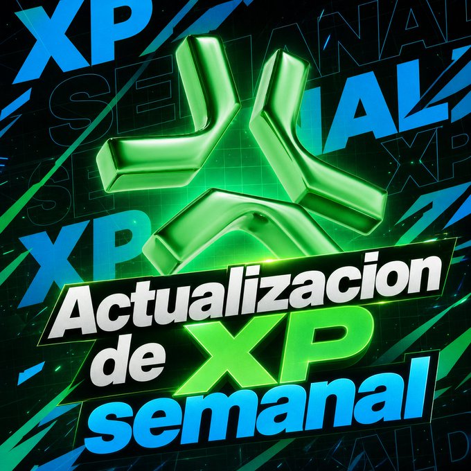 A neon-styled graphic with a glowing green X logo and text reading 'Actualizacion de XP semanal' (Weekly XP Update) in blue and white.