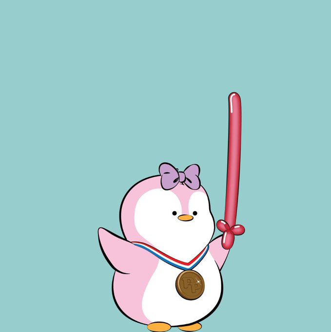 A cartoon illustration of a pink and white penguin mascot wearing a purple bow on its head and a bronze medal around its neck, holding a pink balloon sword against a light teal background.