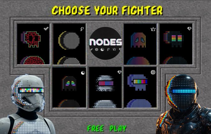 The image shows a fighter selection screen titled "CHOOSE YOUR FIGHTER" with "NODES" displayed in the center, featuring eight pixel-art character portraits arranged in a grid. Two detailed 3D-rendered helmeted characters (one white with colorful visor, one dark with blue visor) frame the bottom, with "FREE PLAY" text in green below. The retro-pixelated "Nodes" branding in the center matches the post's caption of "Choose Your Fighter NODES."