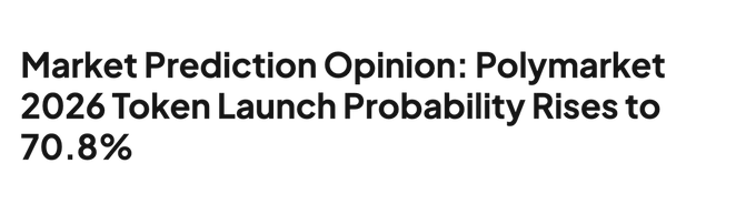 The image features a grey border surrounding white text. The first line of the text reads "Market Prediction Opinion: Polymarket 2026". It then goes on to explain what this opinion is based on, stating that it is about Polymarket trading volumes in relation to a recent launch of tokens with a 70% probability rise.