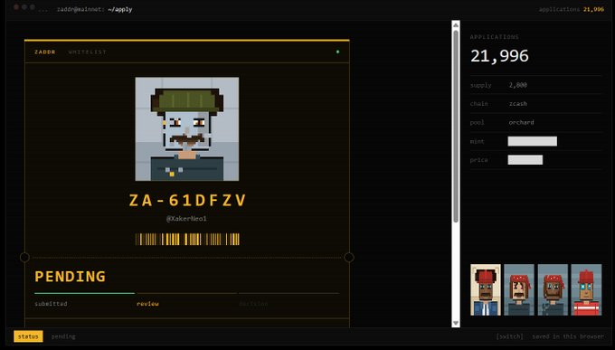 A web application interface with a pixel art character submission reading 'ZA-61DFZV' by '@KakerLicoi', showing 'PENDING' status and an applications count of 21,996.