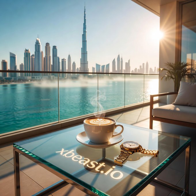 A scenic view of the Dubai skyline featuring the Burj Khalifa is seen from a balcony, with a cappuccino on a glass table displaying the text 'Xbeast.io' next to a gold watch.