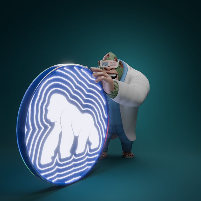 A 3D-rendered character wearing an ape mask and VR headset pushes a large coin displaying the ApeCoin ($APE) logo, playfully mirroring the post's reference to a rare green $APE amid a broader crypto market downturn.