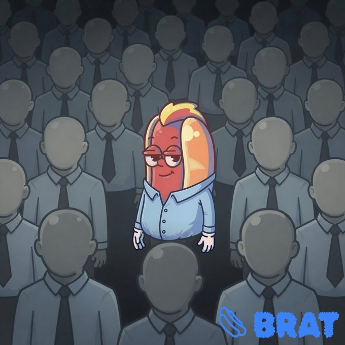 A smiling hot dog character with blonde hair and glasses stands out among a crowd of identical gray figures in blue shirts and ties, with the text "BRAT" displayed in blue in the bottom right corner.