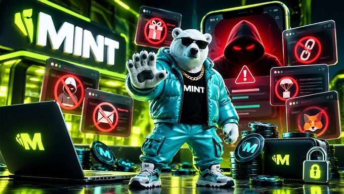 A digital illustration features a polar bear mascot wearing sunglasses and a teal tracksuit with 'MINT' branding, surrounded by floating app windows showing icons for gifts, links, emails, and pets against a neon green backdrop.